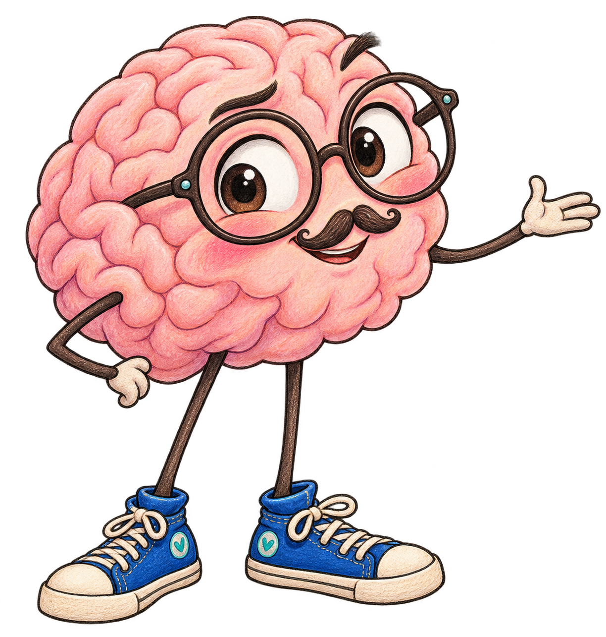 Doctor BrainDad, a cartoon brain with glasses, a moustache, skinny legs and sneakers.